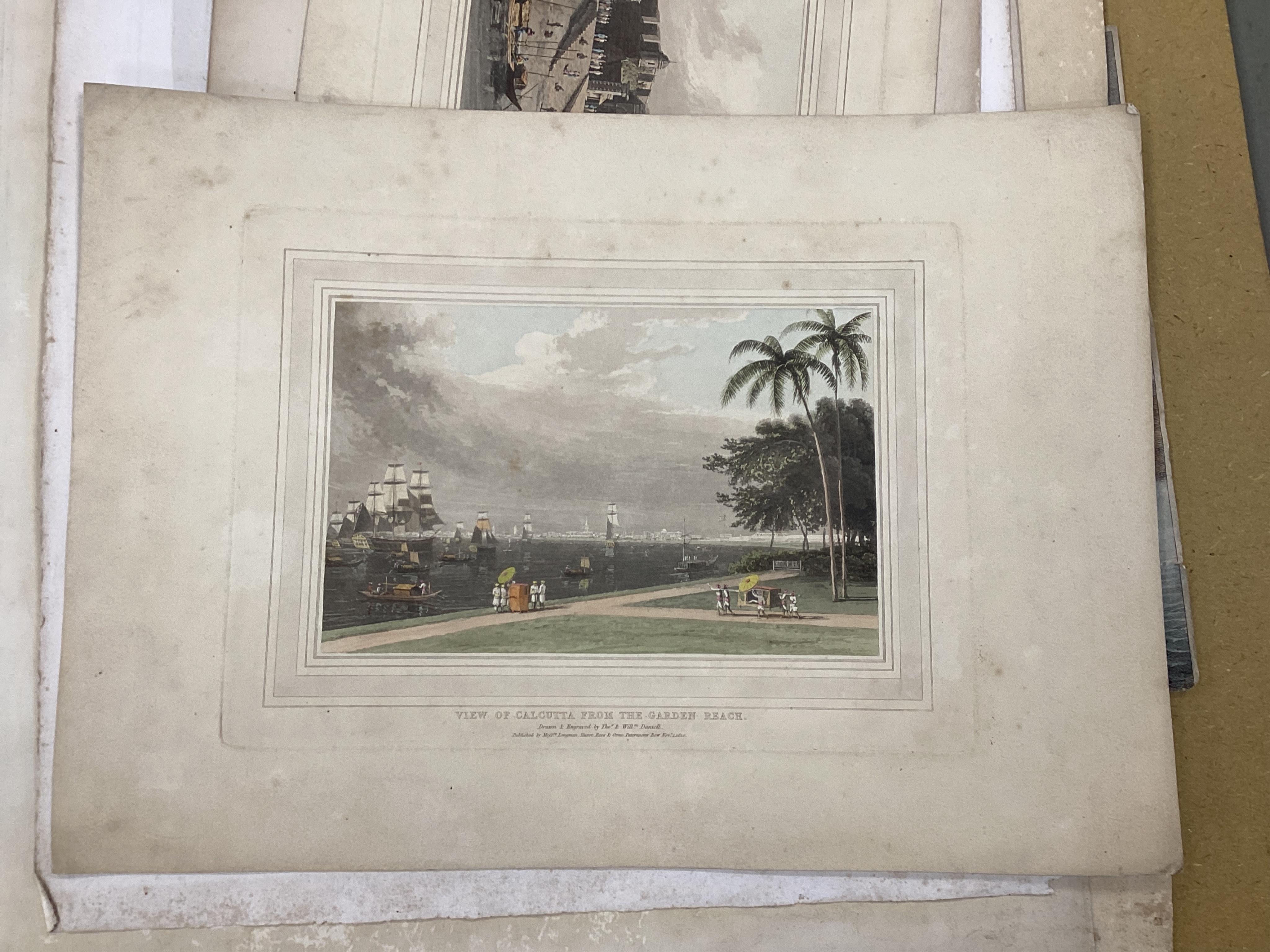 A collection of 19th century engravings and prints, Views of India to include: ‘View of Calcutta from the Garden Reach’, drawn and engraved by Thomas and William Daniell, published 1810 and ‘View of Esplanade Row from Ch